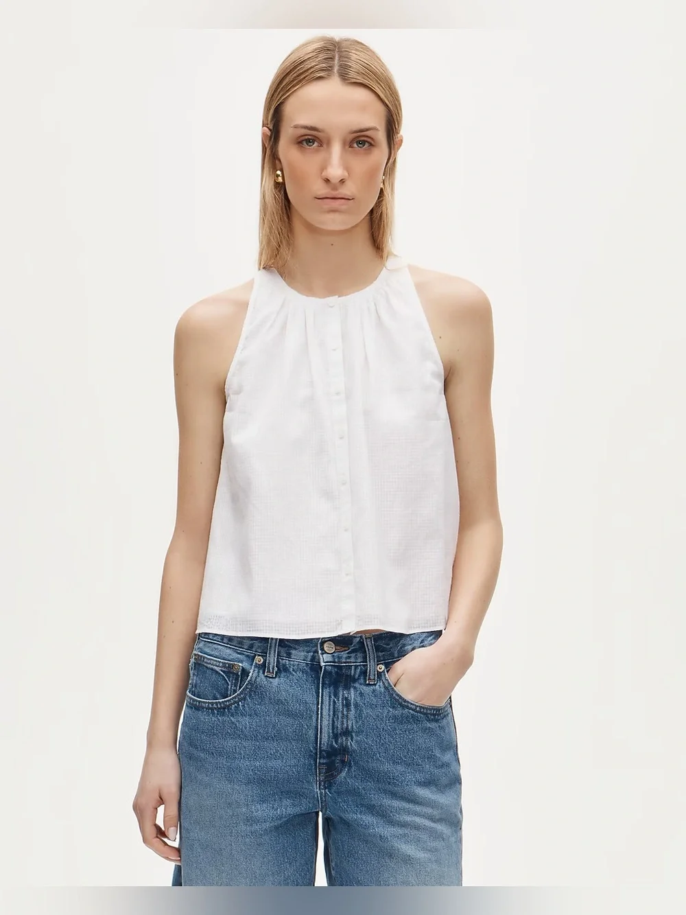 J.Crew High-neck button-up tank top in textured cotton voile in white